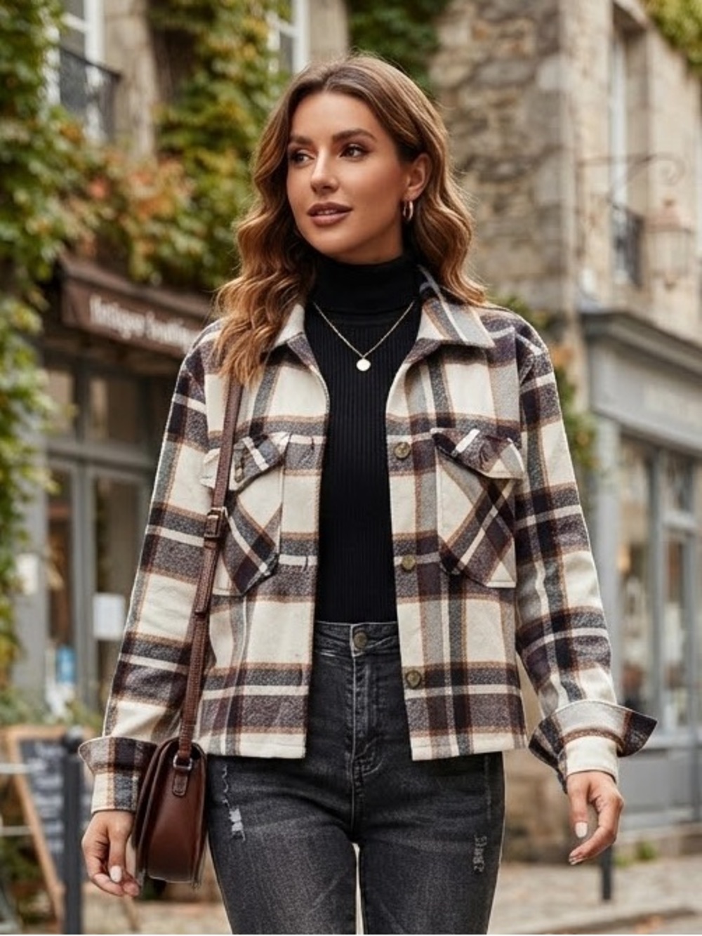 beachlunchlounge Cropped Plaid Shacket in Cream, Brown & Black